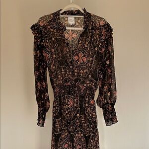 Boho Floral Long Sleeve Maxi Dress - Black with Rust Pink